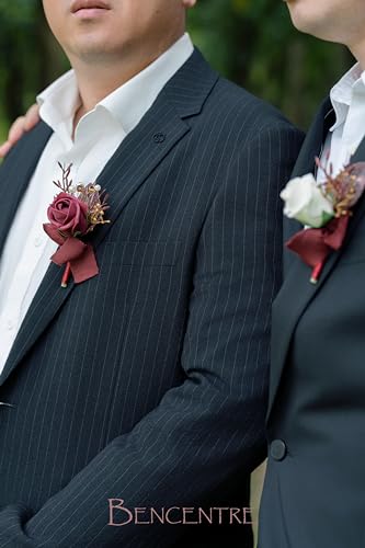 Burgundy & White Boutonniere for Men,Gothic Prom boutonnieres,Groom and Groomsmen Boutonniere for Wedding Ceremony Anniversary, Formal Dinner Party and Grad Night (Set of 6) - color: Burgundy&white, size: set of 6