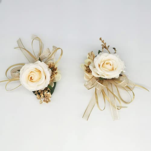 Bridal Wrist Corsage 2pcs Beige Satin Rose Hand Flower for Wedding Bride Bridesmaid Mother Sisters Wristband for Prom, Homecoming, Quinceanera, Tea Party, Bridal Shower, Formal Dinner - color: Beige Wrist Corsage