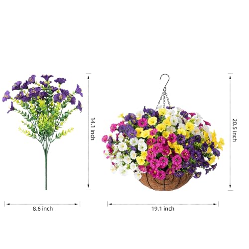 HyeFlora Artificial Hanging Flowers Faux Plants Basket for Outdoors Spring Decor, Fake Silk Morning Glory with Eucalyptus in Planter UV Resistant Outdoor Flowers for Outside Porch Patio Garden Home - color: B 4 Mixed