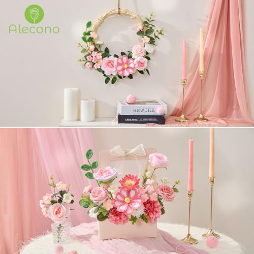 Alecono Crochet Flower Bouquet, Knitted Flowers, Pink Handmade Bouquet of Flowers for Mother's Day Anniversary Birthday Party Graduation Valentine's Day Gifts (Include Card) - color: Pink