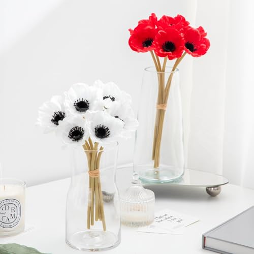 Floral Kingdom Real Touch White Anemone Bouquet - 10" Artificial Flowers for Home Decor, Weddings, Easter | Bendable Stems with Black Centers (7 Pack, Latex) - color: White
