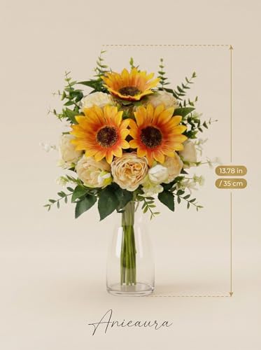 Artificial Sunflower Bouquet with Peony Flowers, Silk Sunflowers Realistic Arrangement for Table Centerpieces, Faux Sunflower Decor for Wedding Home Kitchen Office Vase Decoration