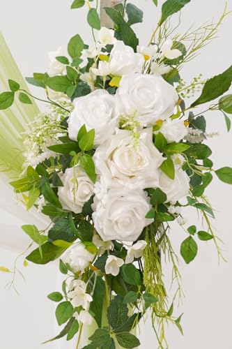Deluxe Wedding Arch Flowers with Drapes Kit Pack of 4, 2pcs White Green Mint Leaves Hanging Silk Flowers Arrangement 2pcs Chiffon Drapes for Ceremony Arbor Party Outdoor Decor - color: White Greenery