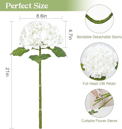 Waipfaru 21" Real Touch White Hydrangea Artificial Flowers with Long Stem & Leaves, Full Latex Faux Hydrangea Flowers for Home Decor Party Floral Arrangements Wedding Bouquets Centerpieces, 5Pcs - color: White, size: 5pcs