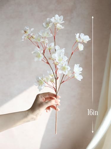 HOHOTIME Artificial Cherry Blossom Branches, 8Pcs 16" Silk Fake Flowers, Faux Sakura Peach Bouquet for Home Wedding Spring Party Decor, Japanese Garden Bedroom Table Centerpiece Decoration (White) - color: White