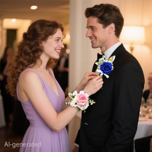 Royal Blue Corsage and Boutonniere Set, Artificial Rose Corsage Wristlet and Boutonniere for Wedding Prom Party (Royal Blue 1 Boutonniere&1 Wrist Corsage) - color: Royal Blue 1 Boutonniere&1 Wrist Corsage
