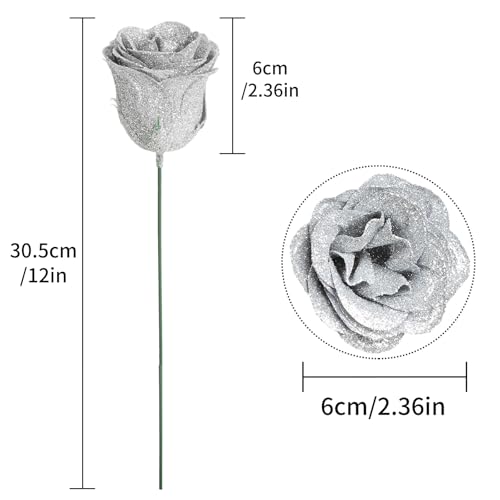 Glitter Roses Bouquet,30PCS Silver Roses Fake Roses Artificial Flowers for Wedding Bouquet Party Christmas Home Decor(Silver) - color: Silver