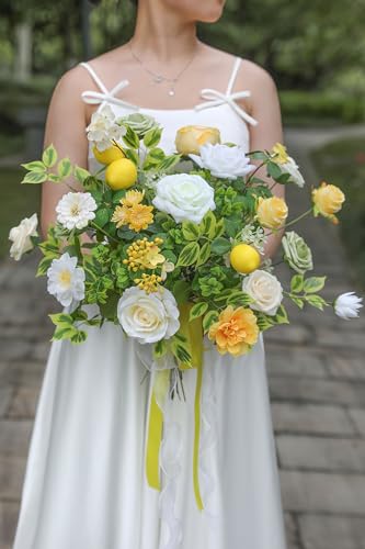 YYHUAWU Artificial Flowers Combo Fake Silk Flowers for DIY Wedding Bridal Bouquets Lemon Yellow Fake Foams Rose Flowers Set Centerpieces Arrangements Party Baby Showers Home Cake Decorations - color: Lemon Yellow