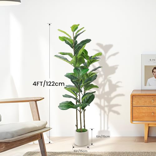 Alupssuc 4FT Artificial Fiddle Leaf Fig Tree with White Planter Pot, 4 feet Tall Fake Tree for Home Decor, Faux Ficus Tree Fake Moss for Indoor Outdoor Office Living Room - size: 4ft