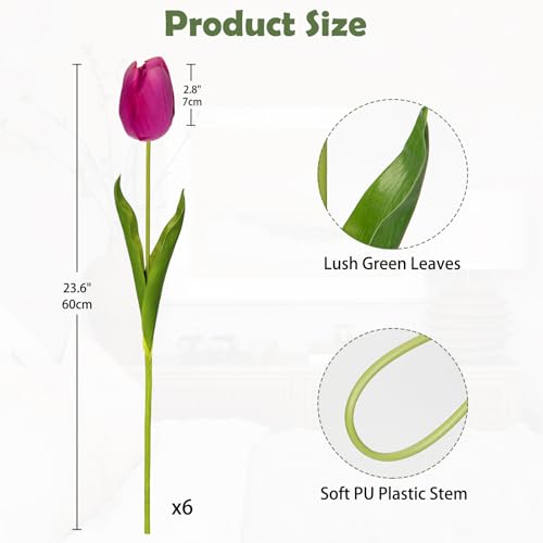 6PCS 23" Fake Tulip Flowers Artificial Fuchsia Tulips Long Stem Faux Flower, Silk Flower Décor for Floral Arrangement Home Farmhouse Wedding Decoration - color: Fuchsia