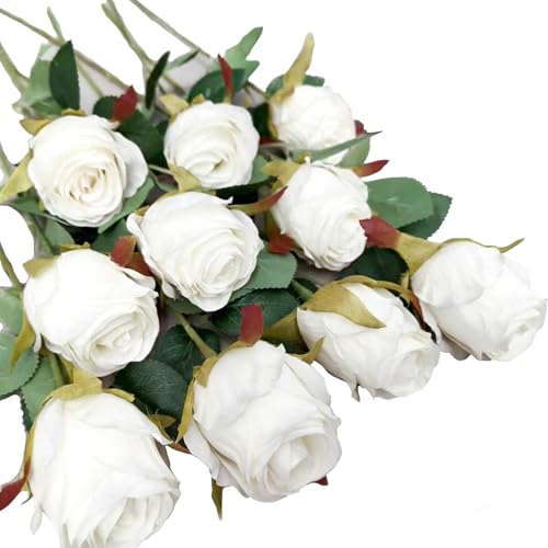 Artificial Roses 10 Pcs - Lifelike Single Stem Fake Roses with Natural Petal Texture,Fade-Resistant Silk Flowers for Wedding Decor,Home Vase Arrangements,Party Centerpieces(10, Creamy White) - color: Creamy White