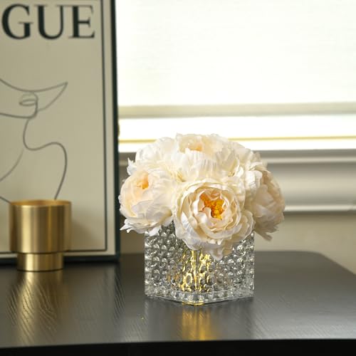 Artificial Peony Silk Flower Centerpieces with LED Light Faux Floral Arrangement in Glass Vase for Home Wedding Table Decoration (Cream White) - color: Light-cream White