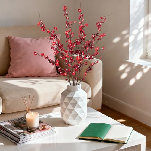 Ammyoo 4Pcs Cherry Blossom Branches Artificial Flowers for Spring Summer Indoor Decoration,Faux Long Stem Artificial Flowers for Wedding Home Office Bedroom Party Table Centerpieces Decor(Red) - color: Red