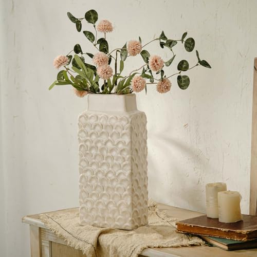 Ceramic Flower Vase, 12.6” Tall Rustic Farmhouse Decorative Vase for Home Decor, Beige Textured Pottery Vase for Pampas Grass, Living Room, Entryway, Mantel, Kitchen Table - color: 301-white