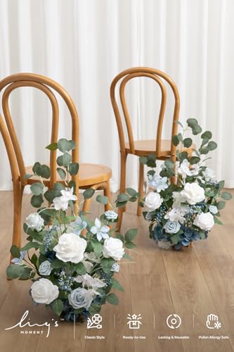 Ling's moment 17.5" Tall Free Standing Artificial Flowers Arrangements 2 pcs Wedding Aisle Runner Chair Decorations Dusty Blue & White Centerpieces for Ceremony Reception Rose Floral Party Outdoor - color: Blu-dusty Blue & White