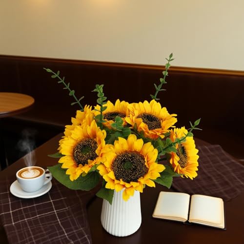 Artificial Flowers with Ceramic Vase, Silk Sunflower Fake Flowers in Vase for Home Office Decoration, 15'' Floral Arrangements for Dining Table Centerpiece, Bathroom, Wedding Decor