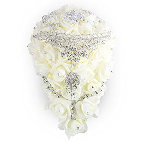 Wedding Bouquets for Brides or Bridesmaids Brick and Stone Decoration Pearl Embellishment Roses Bridal Bridesmaid Wedding Hand Bouquet Artificial Fake Flowers.(Cream) - color: Clear