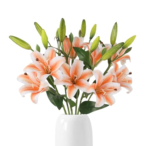 6PCS Artificial Lilies 26.7" Silk Lily Flowers with 12 Heads Fully Bloomed Lilies and 18 Buds, Long Stem Lilies Artificial Flowers for Home Party Wedding Easter Decor(Orange) - color: Orange