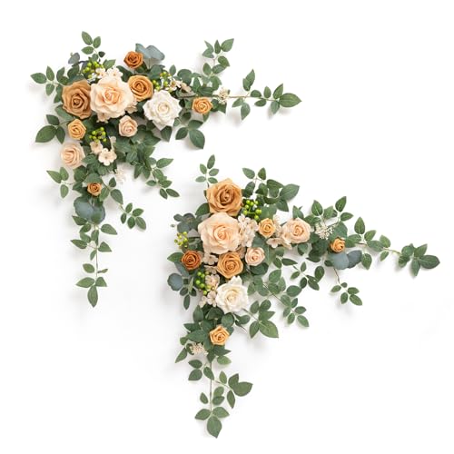 Ling's moment 2PCS Apricot Peach Artificial Flower Garland Wedding Arch Flowers Floral Swags Centerpieces Decoration Rose Greenery for Sweetheart/Head Table Easel Wall Entryway Board Backdrop - color: Brn-apricot & Peach