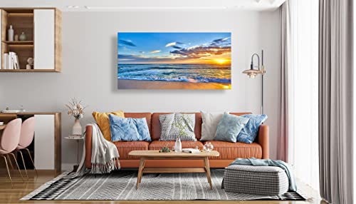 Aibonnly Wall Art Canvas Painting Seaside Sunset over the beaches 1 Piece blue sea view Ocean Picture Poster Print Framed and Stretched Ready to Hang for Living Room Bedroom Kitchen Office - color: Blue, size: 40"L x 20"W