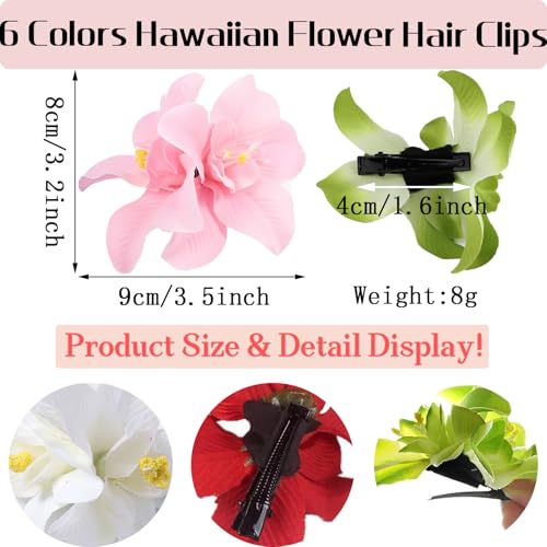6Pcs Hawaiian Flower Hair Clips for Women,Plumeria Hair Clips Hibiscus Hair Barrettes, 3.5 Inch Boho Artificial Flower Clips, Cute Hair Accessories for Women Girls Summer Vacation Beach Party - color: Hawaiian Style Color B:Green, Lilac, Orange, Pink, Red