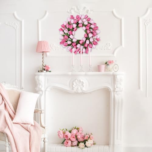 24 Inch Tulip Summer Wreath for Front Door Spring Silk Wreath with Green Leaves Artificial Tulip Flower Wreaths for All Seasons Farmhouse Porch Wall Living Room Home Widding Decor-Red - color: Red