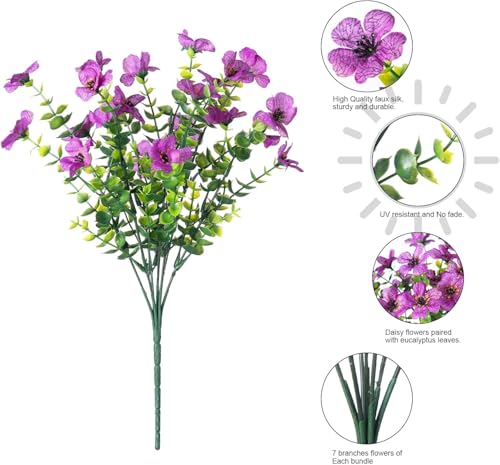 Artificial Flowers 12 Bundles, Faux Daisy and Eucalyptus Greenery Stems for Outdoor Indoor Decor - Fake Plants for Home, Garden, Patio, Porch Decoration - color: Purple