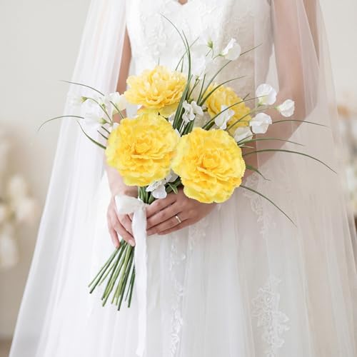 Yellow Carnations Artificial Flowers 10Pcs Large Carnations Flower Heads Lush Silk Flowers Bouquet with Stems for Wedding Bouquets Bridal Home Table Centerpieces(Yellow) - color: Yellow