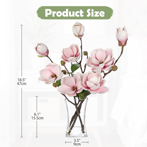 Briful Artificial Magnolia Flower Arrangement with Glass Vase, 18.5in Pink Faux Magnolia Flowers Fake Floral Centerpiece for Eleglant Home Office Room Table Shelf Décor - color: Pale Pink