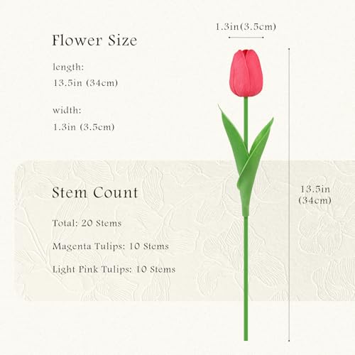 20Pcs Magenta and Light Pink Tulips Artificial Flowers Real Touch Faux Tulips PU Fake Flowers for Home Decor - Easter Spring Table Arrangement in Vase (Bedroom, Living Room, Kitchen) - color: Magenta/Light Pink-20