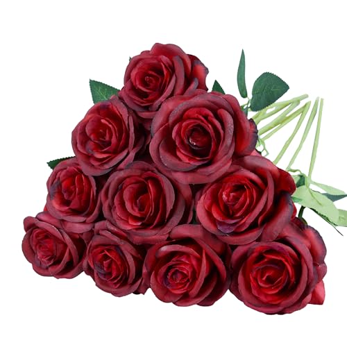 10 Pcs Wine Red Rose Artificial Flower, Faux Silk Flowers With Long Stems, Fake Roses Bulk Bouquet for Decoration Valentine's Day Centerpieces Proposal Bridal Bouquets Shower Party Home Floral Decor - color: Wine Red