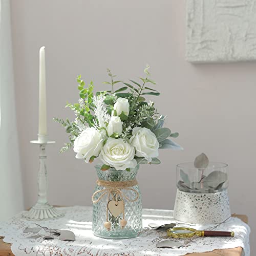 Faux Flowers with Vase,Artificial Silk Roses in Vase, Fake Plant Eucalyptus Flower Arrangement for Home Office Farmhouse Bathroom Dining Table Centerpiece Decorations Coffee Table Decor (White) - color: White