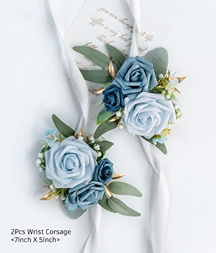 Set of 2 Wrist Corsage Wristlet for Wedding Bridesmaid Mother Grandmother for Bridal Shower Wedding Artificial Roses Flower Prom (Dusty Blue) - color: Dusty Blue
