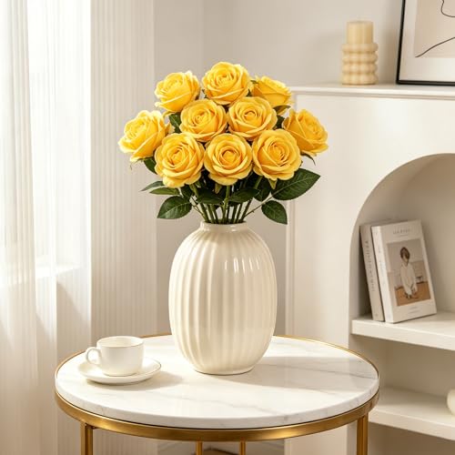 15PCS Artificial Flowers Fake Roses, Silk Artificial Yellow Roses with Stems Realistic Bouquets for Autumn Wedding Decorations Home Decor Party Crafts DIY - color: Yellow