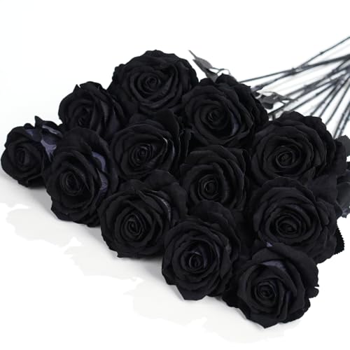 12 Pcs Black Roses Artificial Flowers with Long Stem, Faux Silk Rose Bouquet Realistic Lifelike Fake Floral Bundles for Halloween Valentine's Day Wedding Party Table Centerpiece Decor, Large - color: Black, size: Large