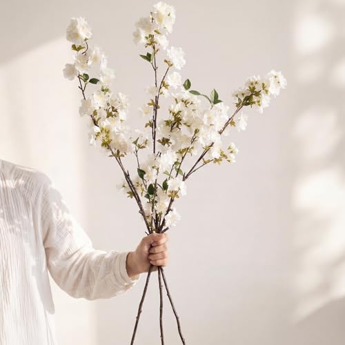 3 Pcs White Cherry Blossom Branches 37 Inch Artificial Fake Realistic Cherry Blossom Stems Silk Faux Extra Long Stem Flowers for Tall Vase Home Decor Wedding Table Centerpieces - color: White