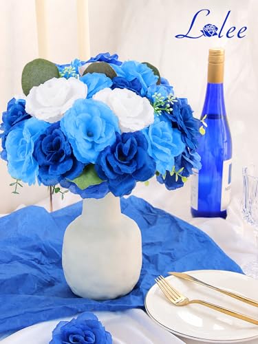 LELEE 108pcs Roses Head Flowers with Stem, Gradient Blue White Artificial Flowers Rose Bulk, Silk Rose Fake Flower for Wedding Bouquet Balls Arrangement Shower Centerpieces Grad Party Tables Decor - color: Gradient Blue&white