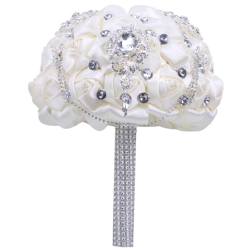 Ivory Bridal Wedding Bouquet with Bling Brooch Rhinestone String Cascading Satin Rose Flower Bouquet for Bride Bridesmaid Quinceanera Wedding Ivory 9.5in - color: ['Ivory #3'], size: Diameter: 9.5 inches