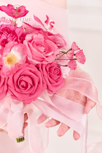 TINGE TIME 7inch Wedding Bouquets for Bridesmaid, Artificial Flowers Cascading Bridal Bouquet for Wedding (Hot Pink, Set of 4) - color: Hot Pink