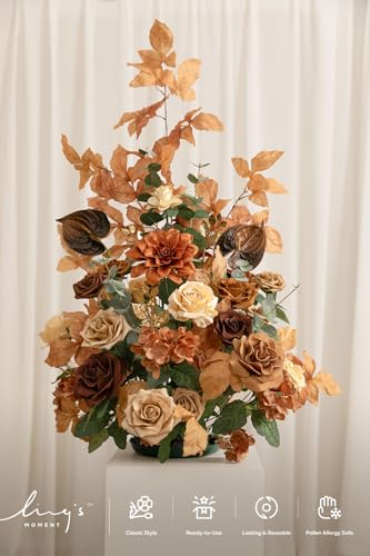Ling's moment 36" Tall Fall Free Standing Artificial Flowers Arrangement 2pcs Wedding Aisle Runner Chair Decoration Fake Walnut Brown & Golden Glove for Arch Entryway Ceremony Reception Floral Party - color: Br-walnut Brown & Golden Glove