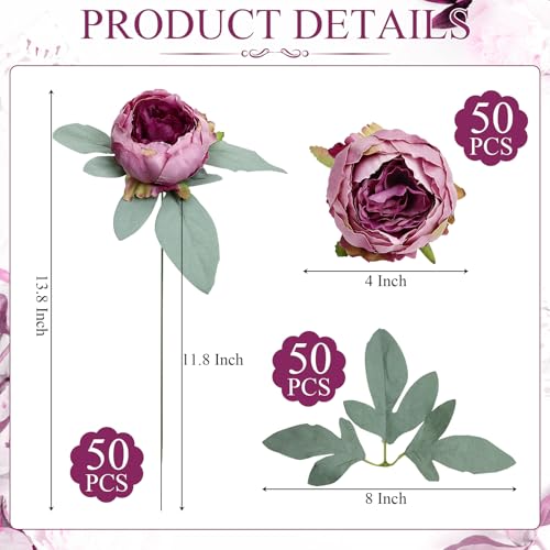 50Pcs Artificial Peonies Flowers Bulk, 4’’ Purple Peonies Fake Flowers Heads for Table, Faux Silk Peony Arrangements for Halloween, Wedding, Engagement, Party, Coffee, Dining Decorations - color: Purple