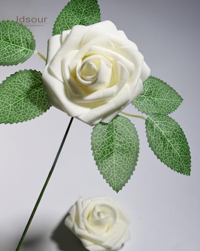 50pcs Artificial Flower，Real Touch Foam Roses w/Stem DIY for Wedding Bouquet Centerpieces Party Shower Home Decor-Ivory - color: Ivory