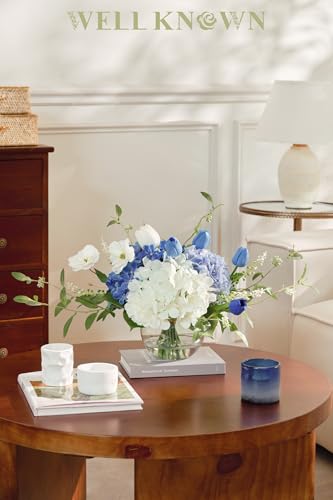 WELL KNOWN Artificial Flowers with Vase, Silk Hydrangea Bouquet and Peonies in Vase with Faux Water for Home Decor, Fake Tulips Flower Arrangements for Birthday Wedding Party Table Centerpieces (Blue) - color: Blue & White Mixed