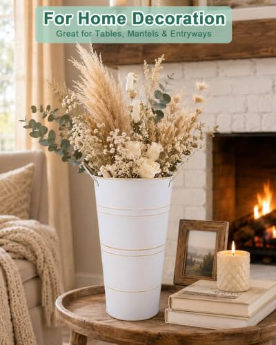 12 Inch Galvanized Metal Vases for Flowers - 6 Pcs Farmhouse Decorative Tall Flower Bucket with Handles, Rustic French Tin Planter Buckets for Wedding Decor (White) - color: White