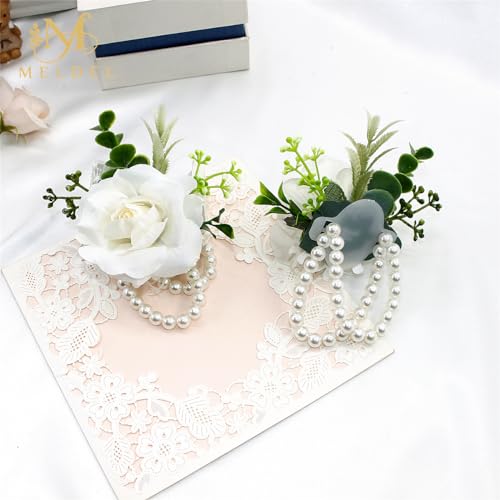 White Rose Wrist Corsage, Pack of 2 PCS Wedding Bridal Wrist Flower Corsage Hand Flower Artificial Silk Rose Decor for Prom Party Wedding - color: 2 Wrist Cosages White