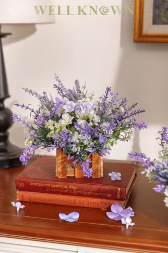 WELL KNOWN Artificial Lavender Plants in Wooden Baskets, Artificial Mini White Flower Arrangement in Planter for Home Hotel Office Table Wedding Centerpieces & Gift(Set of 2) - color: Lavender