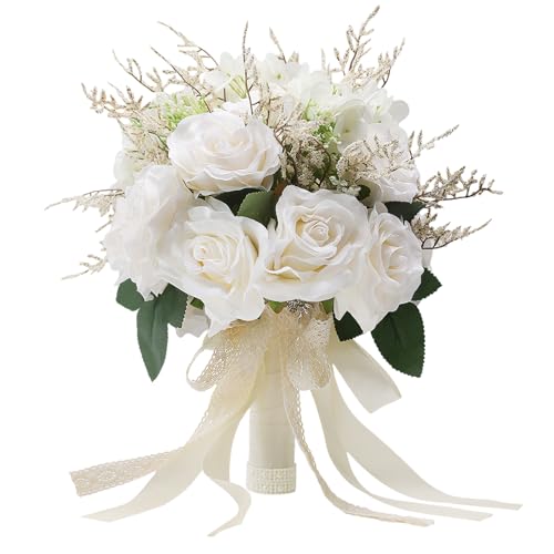 Wedding Bouquets for Bride & Bridesmaid, 10 Inch White Champagne Artificial Roses Flowers for Wedding Ceremony, Church, Party Decoration - color: White Champagne