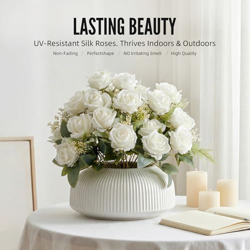 Fake Roses White Roses Artificial Roses Fake Rose Silk Roses Artificial Roses with Stems 24 Full Flower Heads Faux Roses for Indoor Centerpieces home Wedding Farmhouse Decoration No Vase (4PCS,White) - color: White 4pcs