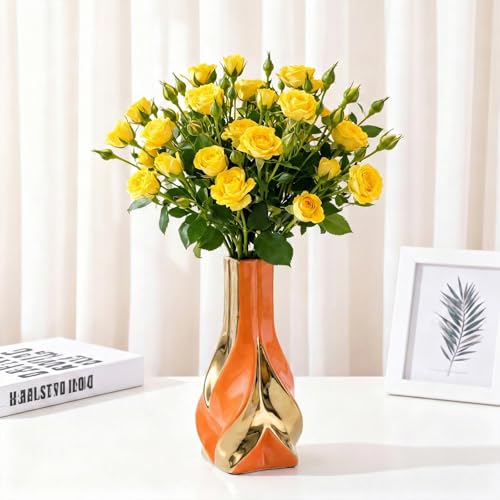 10.6" Orange and Gold Ceramic Vase, Modern Geometric Flower Vase for Dining Table Centerpiece, Elegant Decorative Vase for Pampas Grass, Living Room, Bedroom, Office, Tabletop Decoration - color: Orange Gold