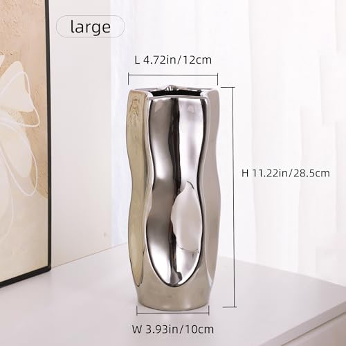 Wave Ceramic Vase - Modern Silver Shiny Finish, Pentagon Shape for Dried Flower Arrangement for Living Room Bedroom Office Decor, Large, 11" H - size: Large, 11.2 inch